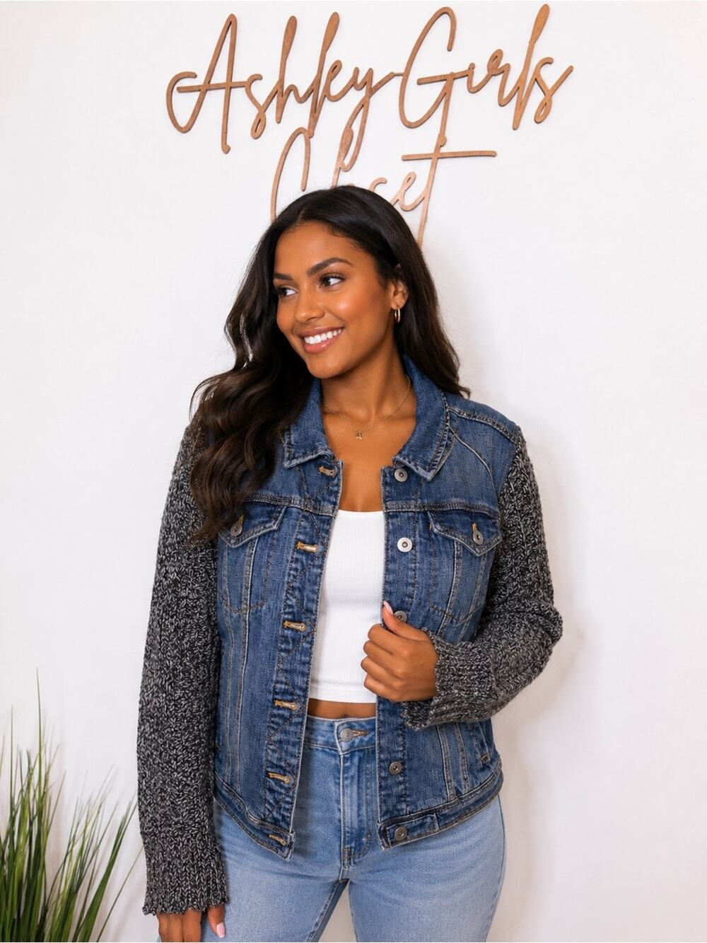 NWT Pilcro Anthropologie Denim Knit Sleeve Jacket Large